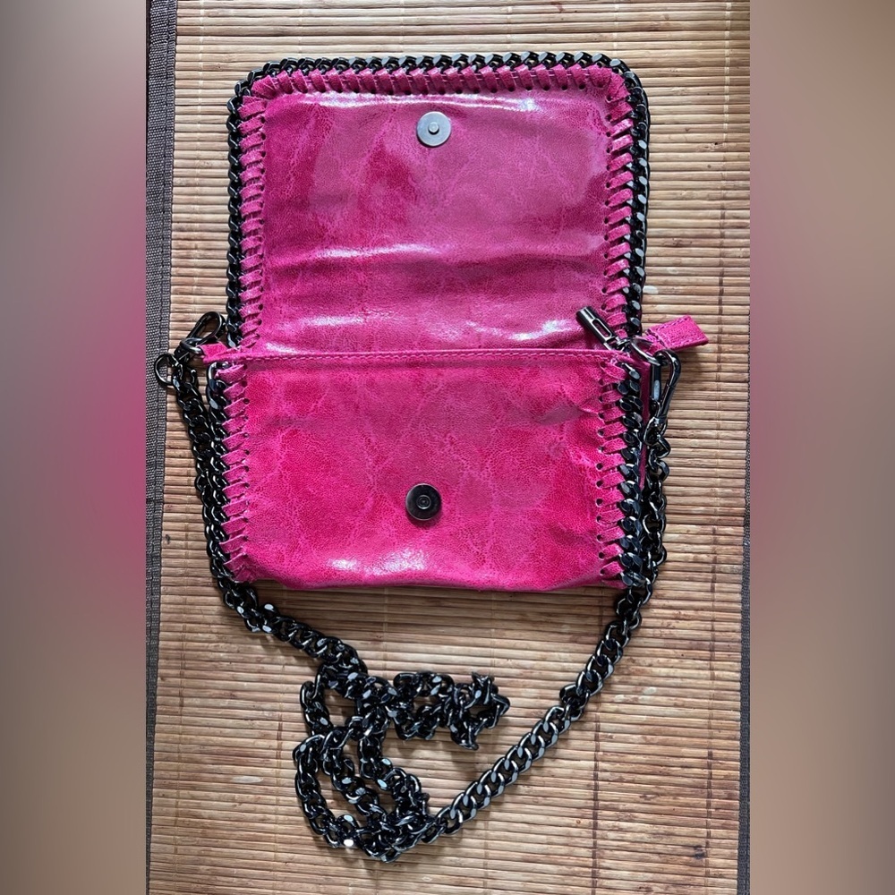 Borse In Pelle Red/Pink Leather Shoulder Crossbody Bag Chain Strap Italy Made - Picture 5 of 8